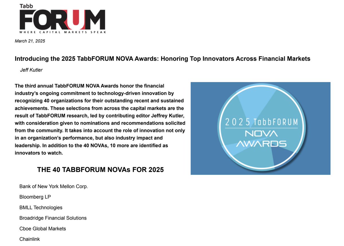 We’re excited to have been granted a <a href="/TabbFORUM/">TabbFORUM</a> NOVA Award honoring the financial industry’s commitment to tech-driven innovation.

Chainlink is recognized as a “top innovator across financial markets” alongside BNY, Bloomberg, and other industry leaders.
tabbforum.com/opinions/intro…