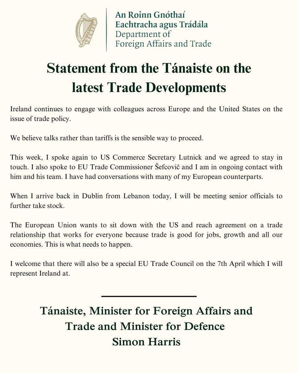 Ireland continues to engage with colleagues across Europe and the United States on the issue of trade policy.

We believe talks rather than tariffs is the sensible way to proceed.

My full statement.