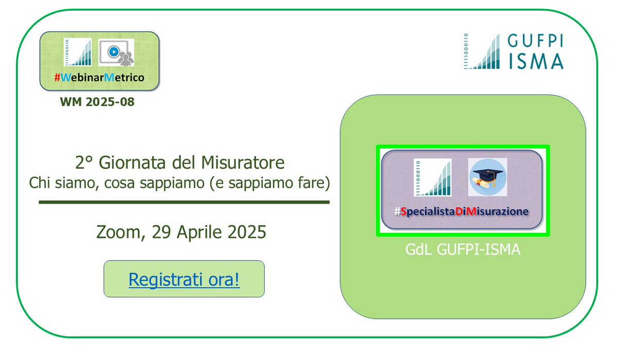 #29aprile: festeggiamo la 2° Giornata del Misuratore per raccontare chi siamo, cosa sappiamo (e sappiamo fare), come indicato nella norma #UNI11621_6:

gufpiisma.wildapricot.org/event-6120310

<a href="/UNINFO_it/">UNINFO</a> #GdM #CEPAS_SCH174 #Competenze #Abilità #Responsabilità #T_Shape #Misurazione