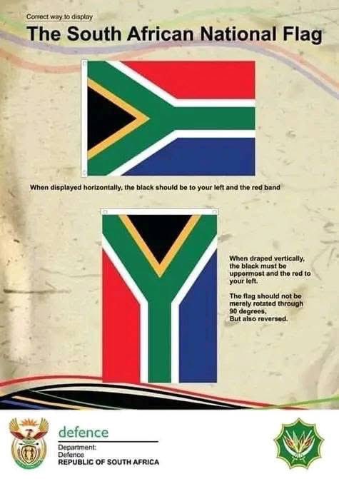 GovernmentZA's tweet photo. Good Morning, Mzansi!☀️

Did you know there’s a correct way to display the South African national flag?
�Whether hanging it horizontally or vertically, always remember:
✔️ Black triangle to your left (horizontal)�
✔️ Black on top & red on your left (vertical)

Learn More👉 https://t.co/SPkB1hmutW. 

Save for later!! 👍🏽

#GovZAUpdates