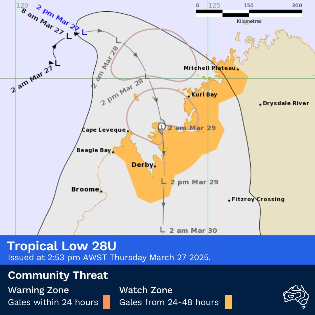 Tropical Low 28U: Tropical cyclone risk for the northwest Kimberley coast, between Mitchell Plateau and Beagle Bay.
 
Current: 2:53 pm AWST Thursday 27 March 2025.
 
Latest Track Map: bom.gov.au/products/IDW60…

Latest: bom.gov.au