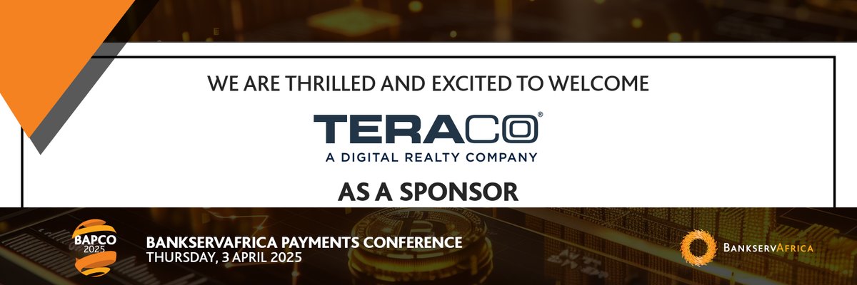 We are thrilled to welcome <a href="/TeracoDC/">@TeracoDC</a> as a sponsor for the BankservAfrica Payments Conference 2025! With their support, we can look forward to a valuable experience. For more information on #BAPCO2025 please contact events@bankservafrica.com.
#AfricaTech #DigitalInfrastructure