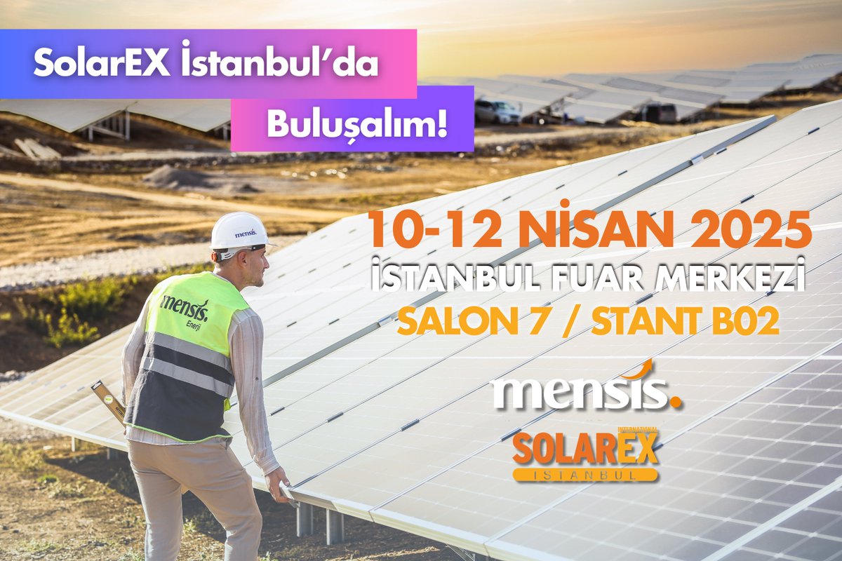 Mensis Enerji olarak, her yıl olduğu gibi bu yıl da SolarEX Güneş Enerjisi Teknolojileri ve Depolama Fuarı'nda yerimizi alacağız. Sizleri de bekliyoruz.

Tarih : 10-12 Nisan 2025
İstanbul Fuar Merkezi 
Salon 7 / Stant B02

<a href="/Abdullah1Atalay/">Abdullah Atalay</a>