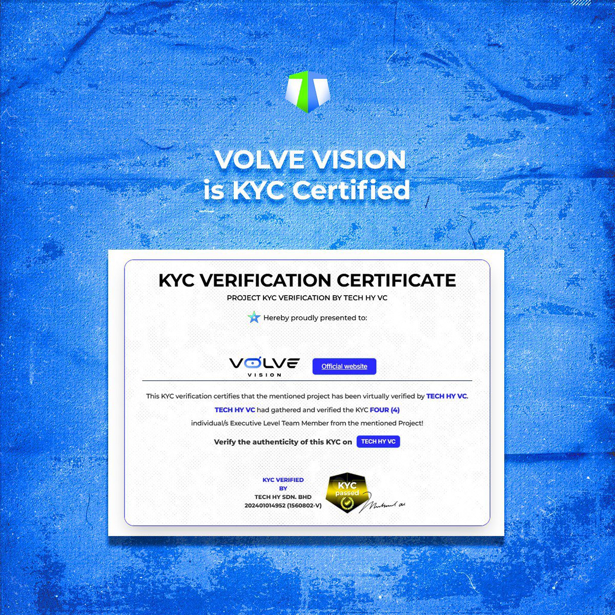 TECHHYVC's tweet image. 🔷 Volve Vision Sets a New Standard with KYC Certification! 

@VolveVision has officially joined the TECH HY verified projects! This achievement strengthens trust and transparency within the Web3 ecosystem.

🤝 By securing the KYC certificate, Volve Vision reaffirms its…
