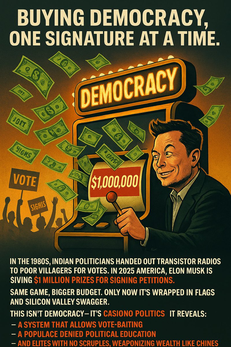 Karmeshvar's tweet image. Buying democracy, one signature at a time.

In the 1980s, Indian politicians handed out transistor radios to poor villagers for votes.
In 2025 America, Elon Musk is giving $1 million prizes for signing petitions.

Same game, bigger budget.
Only now it’s wrapped in flags and…