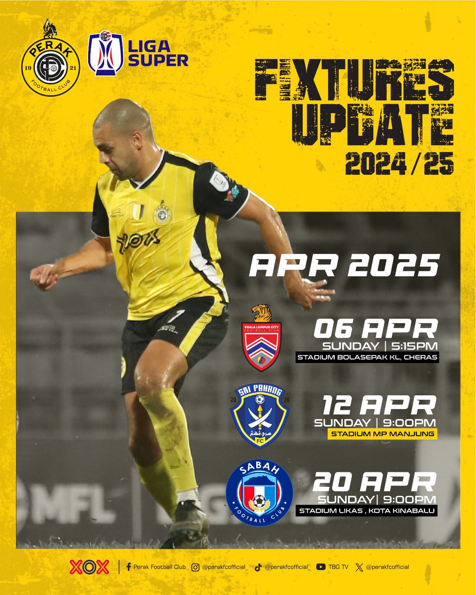 perakfcofficial's tweet photo. Kemas kini jadual perlawanan Liga Super dan Piala MFL 2024/25 untuk bulan April 2025 bagi Pasukan Perak FC dan Perak FC II.
Sebarang perubahan akan dimaklumkan kelak.
Moh kome. Kita penuhkan stadium.
π€ππ€
#PerakFC
#PerakFCII https://t.co/ncDD8stH9U