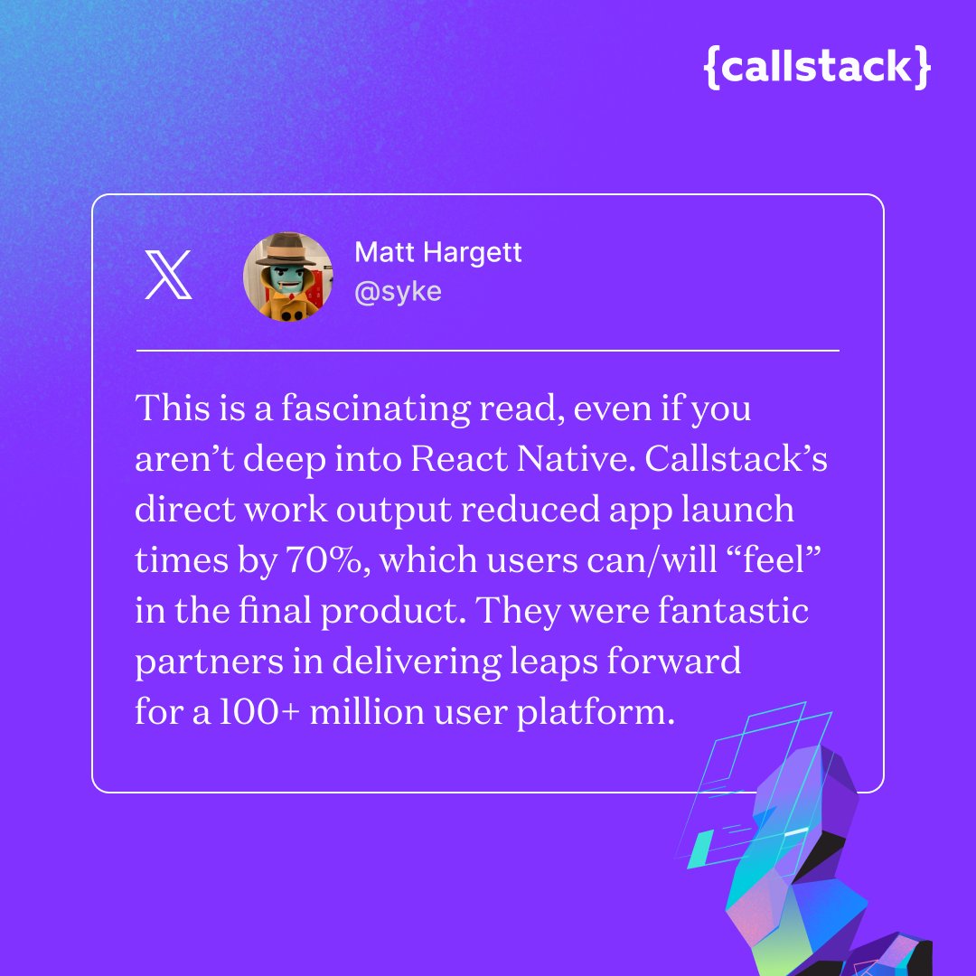 Callstack Engineers (@callstackio) on Twitter photo Our guide is not just theory. We distilled years of hard-earned lessons into practical React Native optimization techniques that you can use in your project. Make the most of them and download it now ➡️ bit.ly/4iZg5Ss
Thank you for the kind words <a href="/syke/">Matt Hargett</a> 🙌 Our guide is not just theory. We distilled years of hard-earned lessons into practical React Native optimization techniques that you can use in your project. Make the most of them and download it now ➡️ bit.ly/4iZg5Ss
Thank you for the kind words <a href="/syke/">Matt Hargett</a> 🙌