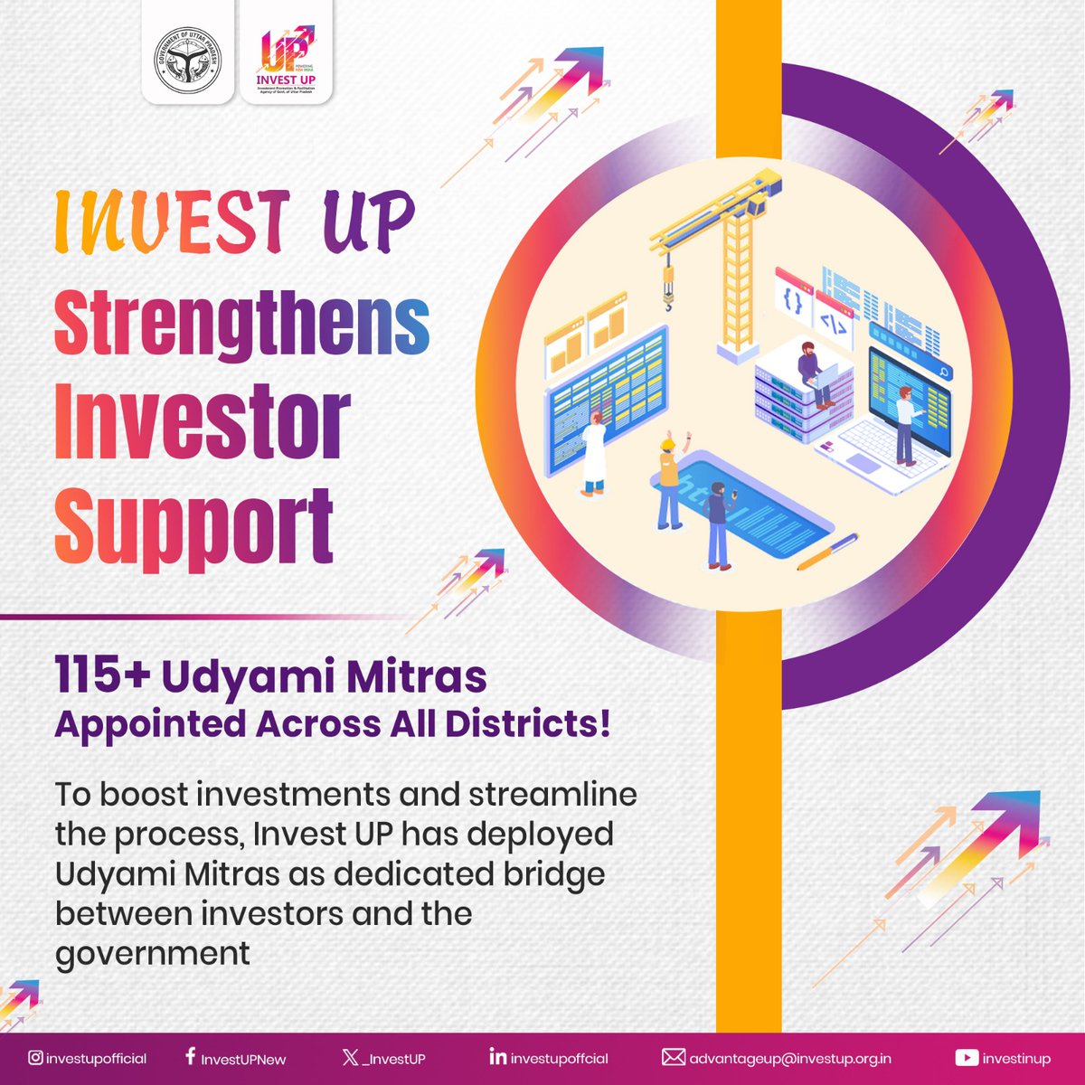 _InvestUP's tweet image. Invest UP is making investment easier! 
With 115+ Udyami Mitras deployed across all districts, investors now get handholding support and regular follow-ups for daily query resolution. They also assist in resolving issues through District Udyog Bandhu &amp;amp; Steering Committee…