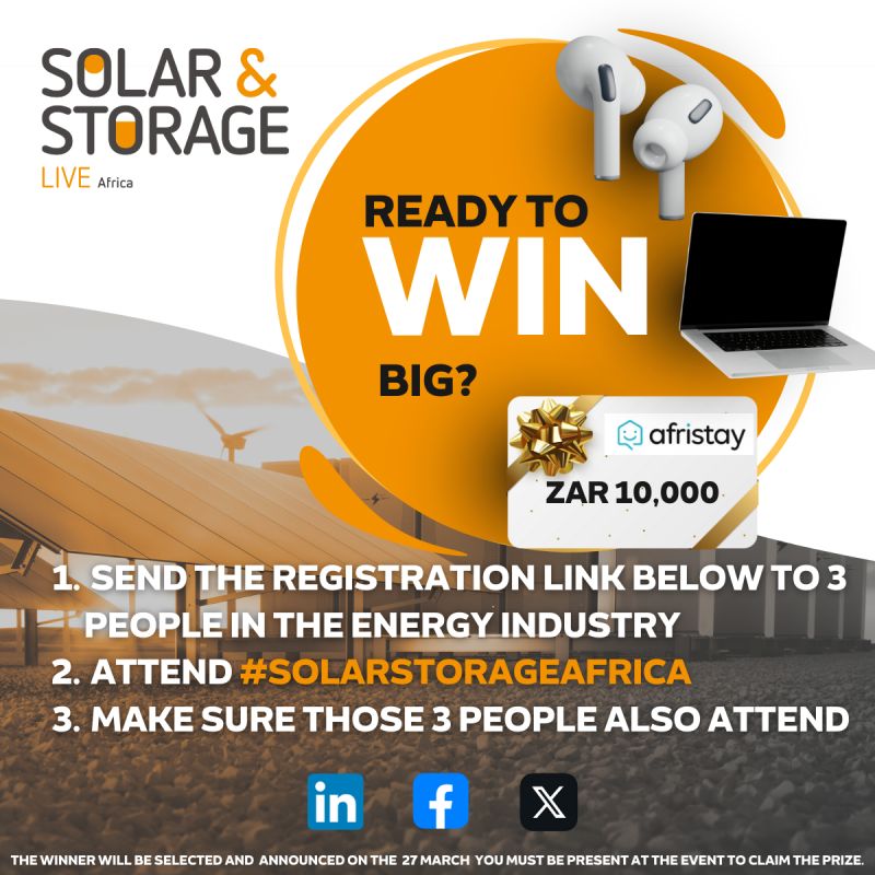 🎁 Your final chance to win BIG 🎁

Share the following registration link to 3 people to enter the prize draw: lnkd.in/daVg6-PS

You have to be in attendance to win, so head down to NASREC: Johannesburg Expo Centre for our third and final day!

#SolarStorageAfrica