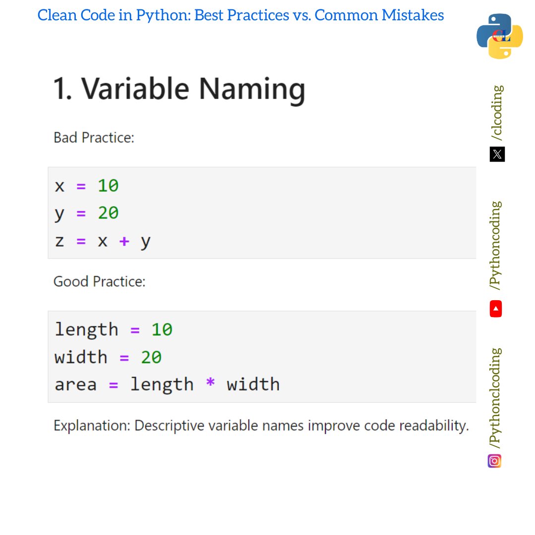 clcoding's tweet image. Clean Code in Python Best Practices vs. Common Mistakes