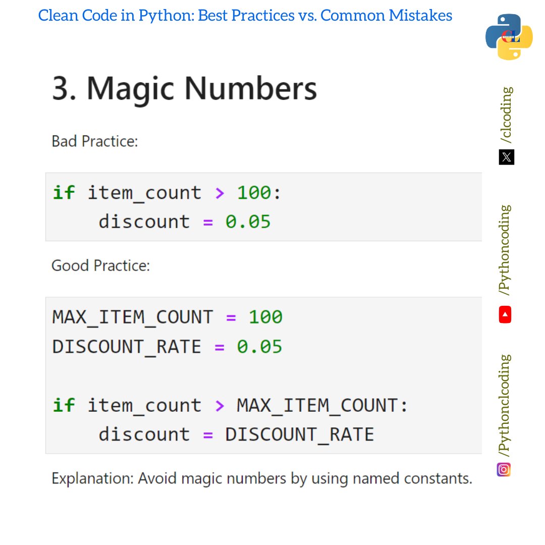 clcoding's tweet image. Clean Code in Python Best Practices vs. Common Mistakes
