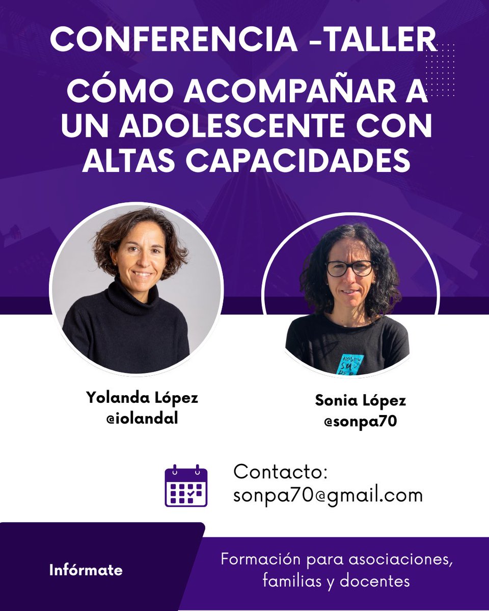 Sonia López (@sonpa70) on Twitter photo 🎓 Conferencia-taller “ADOLESCENCIA y ALTAS CAPACIDADES”
💡 Formato: Presencial y online (solicitar información)
👉 Una charla dirigida a asociaciones de familias, claustros docentes y entidades educativas
📩 Contacto: ✍️ sonpa70@gmail.com 🎓 Conferencia-taller “ADOLESCENCIA y ALTAS CAPACIDADES”
💡 Formato: Presencial y online (solicitar información)
👉 Una charla dirigida a asociaciones de familias, claustros docentes y entidades educativas
📩 Contacto: ✍️ sonpa70@gmail.com