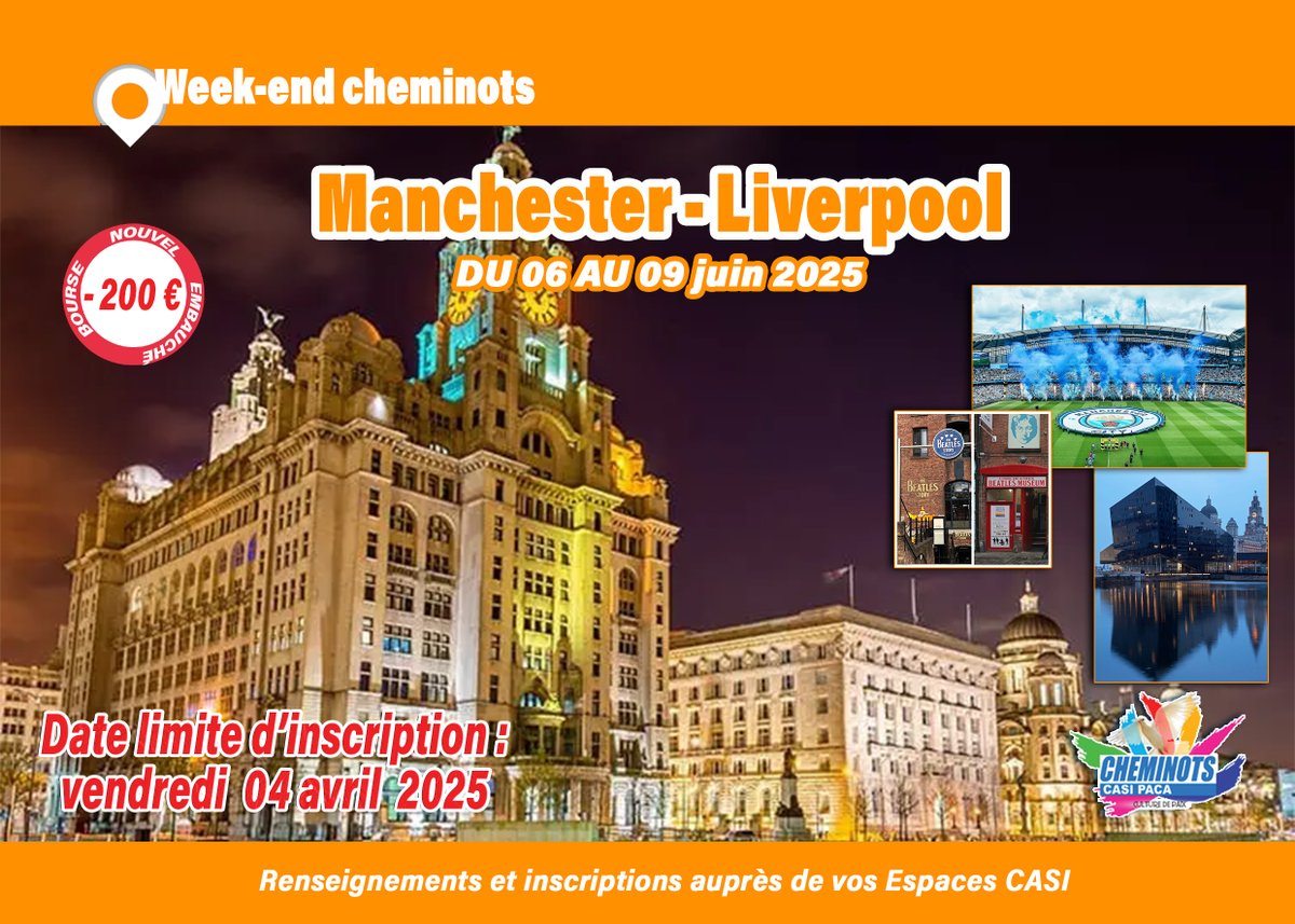 Week-end Manchester / Liverpool
Du vendredi 06 au lundi 09 juin 2025
Hébergement : hôtel *** à Manchester
Départ de l’aéroport Marseille Provence envol vers
Manchester sur vol KLM.
Horaires de principe et sous réserve pour 2025 :