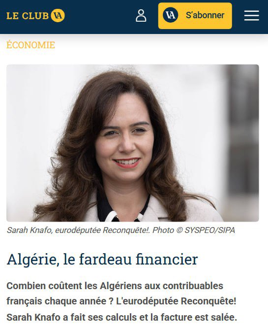 💸 « Combien coûtent les Algériens aux contribuables français chaque année ? 

L'eurodéputée Reconquête! Sarah Knafo a fait ses calculs et la facture est salée. »

👉 Lisez l'article de VA : valeursactuelles.com/clubvaleurs/ec…
