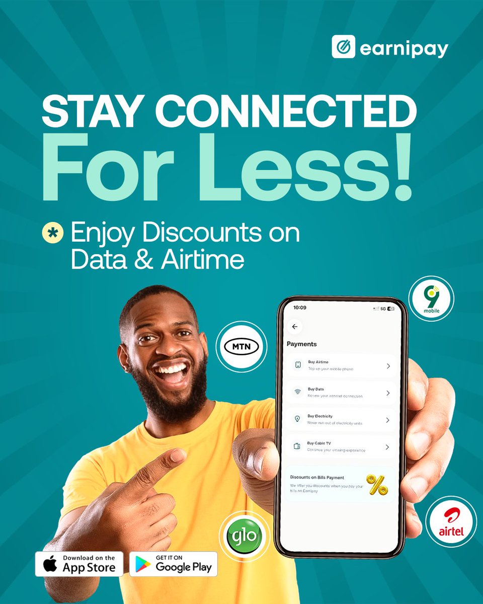 earnipay's tweet image. Stay connected without breaking the bank! Take advantage of incredible savings on all your data and airtime purchases—only available on the Earnipay app. 

Enjoy seamless communication while keeping your expenses in check. Don’t miss out on this fantastic offer! 📱💸

Tap here:…