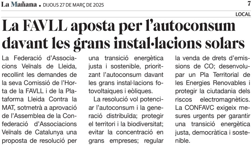 📢 A 3 dies de la nostra #40aAssembleaveïnal a #Lleida, la premsa local escalfa l'ambient.

👉La Federació amfitriona presentarà una resolució x promoure l'autoconsum energètic davant la proliferació d' instal·lacions que trinxen el territori.

+ info: bit.ly/4c4BYxt
