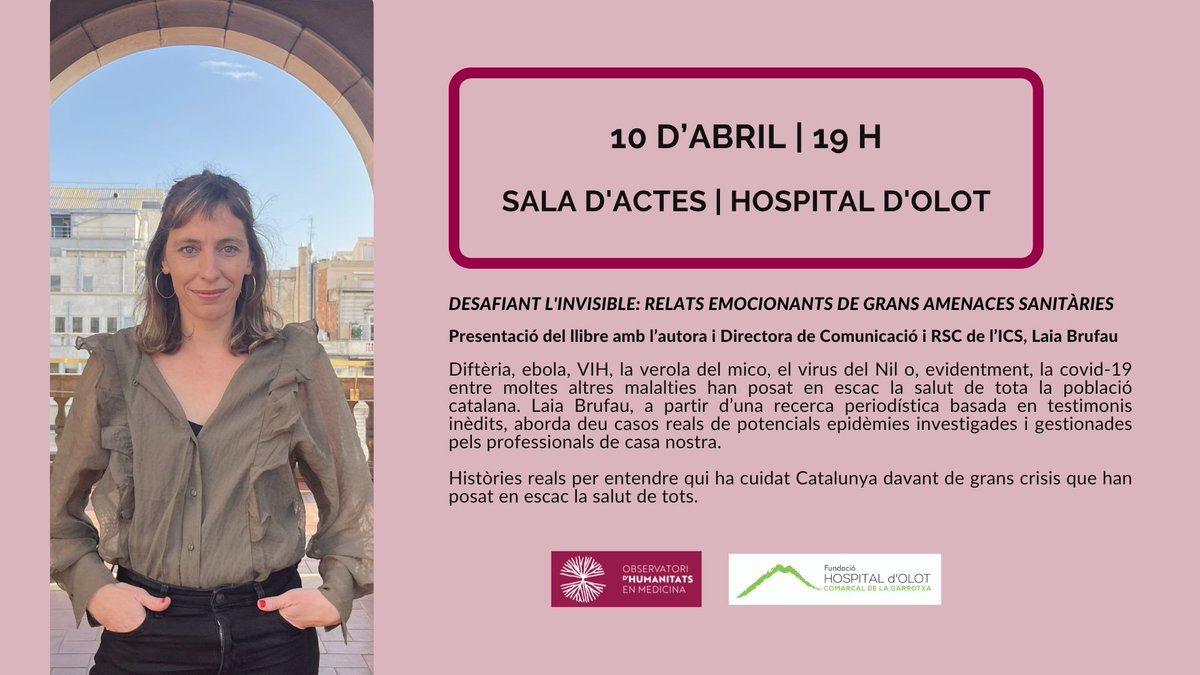 F. Hospital d'Olot (@hospiolot) on Twitter photo 10/04 Presentació del llibre “Desafiant l’invisible” amb la seva autora, <a href="/lbrufau/">Laia Brufau Pla</a>, i Stephan Schneider, pediatre i peça indispensable en un dels capítols del llibre
Serà el dijous 10 d’abril a les 19 h a la sala d’actes d'#hospiolot
🔗lc.cx/tZYk9x 10/04 Presentació del llibre “Desafiant l’invisible” amb la seva autora, <a href="/lbrufau/">Laia Brufau Pla</a>, i Stephan Schneider, pediatre i peça indispensable en un dels capítols del llibre
Serà el dijous 10 d’abril a les 19 h a la sala d’actes d'#hospiolot
🔗lc.cx/tZYk9x