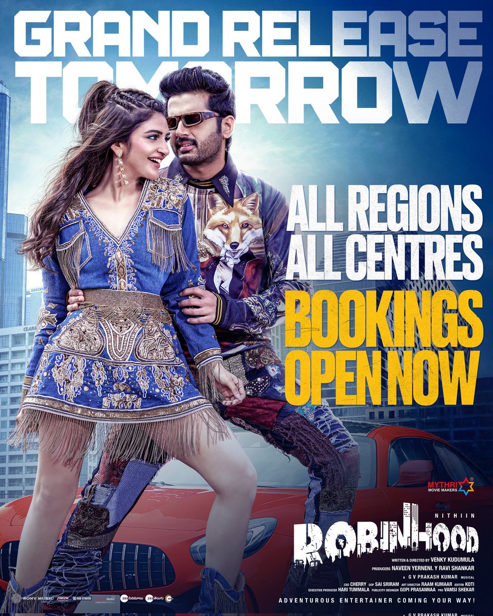 Mythri Movie Makers (@mythriofficial) on Twitter photo THE BIGGEST SUMMER ENTERTAINER IS ALMOST HERE 💥💥
#Robinhood GRAND RELEASE WORLDWIDE TOMORROW.
Bookings now open in ALL REGIONS & ALL CENTRES WORLDWIDE ❤️🔥
🎟️ linktr.ee/RobinhoodTicke…
<a href="/actor_nithiin/">nithiin</a> <a href="/sreeleela14/">Sreeleela</a> <a href="/VenkyKudumula/">Venky Kudumula</a> <a href="/davidwarner31/">David Warner</a> <a href="/gvprakash/">G.V.Prakash Kumar</a> #RajendraPrasad THE BIGGEST SUMMER ENTERTAINER IS ALMOST HERE 💥💥
#Robinhood GRAND RELEASE WORLDWIDE TOMORROW.
Bookings now open in ALL REGIONS & ALL CENTRES WORLDWIDE ❤️🔥
🎟️ linktr.ee/RobinhoodTicke…
<a href="/actor_nithiin/">nithiin</a> <a href="/sreeleela14/">Sreeleela</a> <a href="/VenkyKudumula/">Venky Kudumula</a> <a href="/davidwarner31/">David Warner</a> <a href="/gvprakash/">G.V.Prakash Kumar</a> #RajendraPrasad