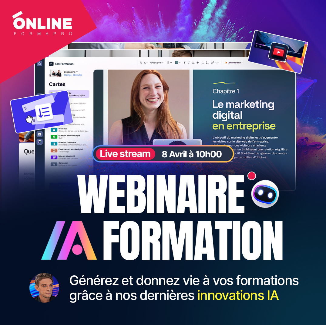 Nous serons en Live le 8 avril ! Assistez à une démo en direct de toutes les fonctionnalités d’IA pouvant vous aider à générer et donner vie à vos modules de formation ! onlineformapro.com/webinaire/webi… #formation #elearning #digitallearning #lms