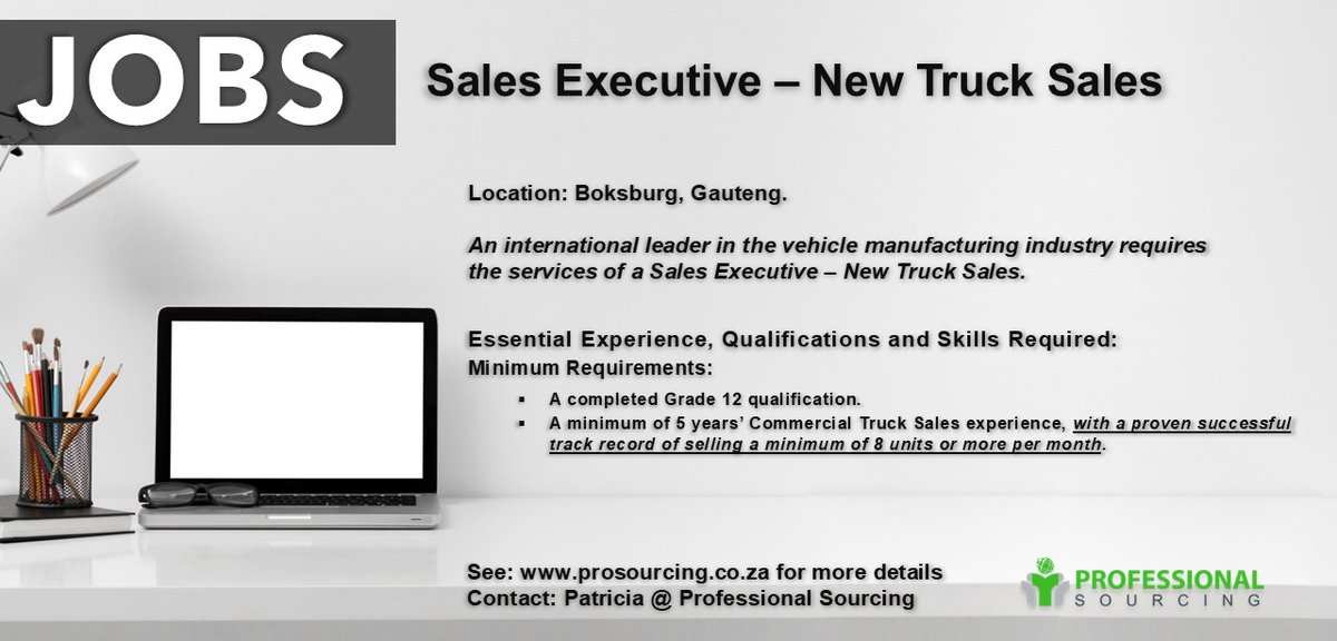 ProSourcingZA's tweet image. prosourcing.co.za/jobs/sales-exe…

An international leader in the vehicle manufacturing industry requires the services of a Sales Executive – New Truck Sales.

#newsales #vehiclesales #JobSeekersSA #professionalsourcing