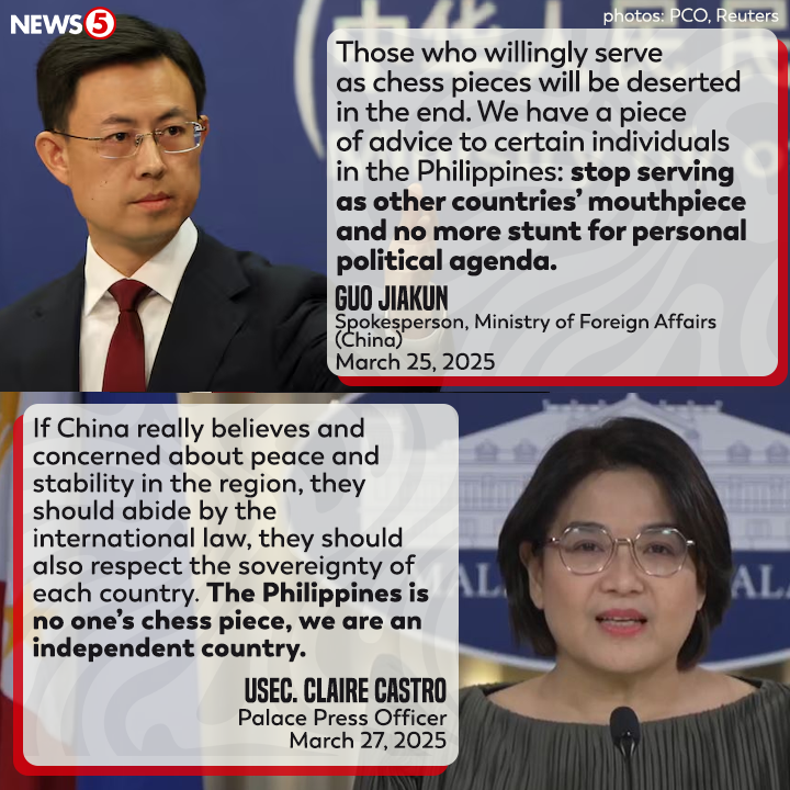 News5PH's tweet photo. 'THE PH IS NO ONE'S CHESS PIECE, WE ARE AN INDEPENDENT COUNTRY.'

Ito ang pahayag ng Palasyo sa pahayag ng China na itigil ng Pilipinas ang pagiging "mouthpiece" nito umano sa ibang bansa. #News5 https://t.co/p2lf2cINm4