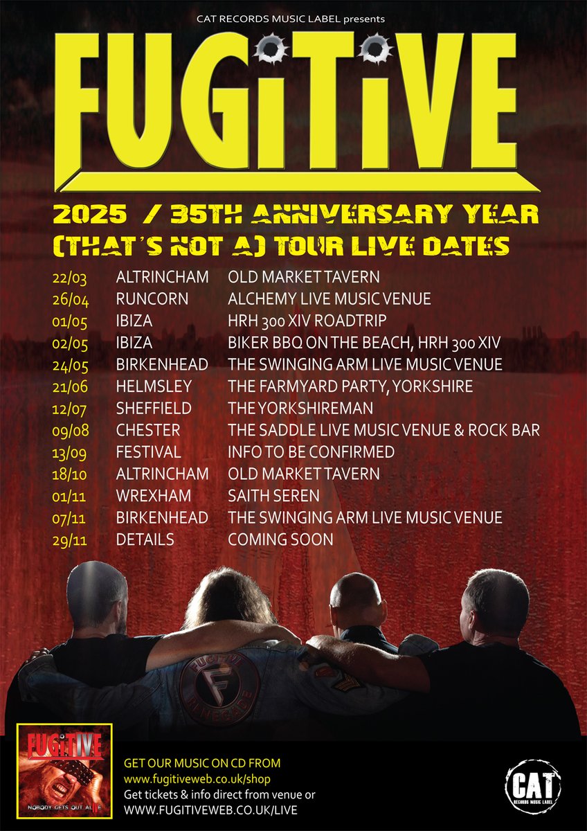 Next show 26th Apr Alchemy Live Music Bar, Runcorn (FREE ENTRY) then it's wheels up for HRH Ibiza, Thursday 01st / Friday 02nd May. Just when you think the  fun is done, we'll be back home at The Swinging Arm 24th May to keep our 35th Anniv Year rockin'! Safe Travels y'all x