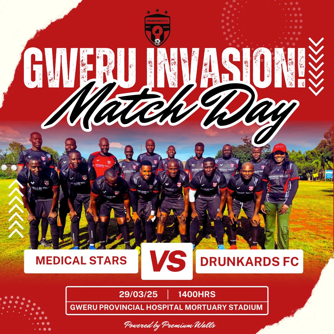 Drunkards_FC's tweet image. Who said morgues can't be lively? 😄

Buckle up, Gweru! ⚽️ 
Drunkards FC vs Medical Stars 
Mortuary Stadium (Gweru Provincial Hospital)
Saturday!
14:00Hrs

#Tihukinditse🍺 
 #MatchdayMayhem #CheersToSoccer

Powered by @_PremiumWalls