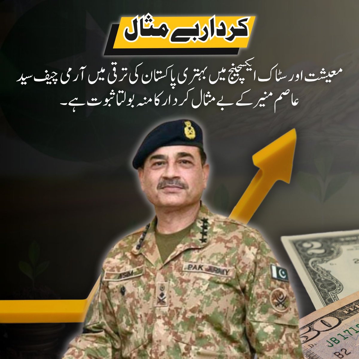 کردار بے مثال، پاکستان کی معیشت اور سٹاک ایکسچینج میں نمایاں بہتری آرمی چیف جنرل سید عاصم منیر کی مدبرانہ قیادت اور بے مثال کردار کا منہ بولتا ثبوت ہے۔ ان کی معاشی اصلاحات، سرمایہ کاری کے فروغ، اور استحکام کی پالیسیوں نے ملک کی ترقی میں اہم کردار ادا کیا ہے۔
#GenAsimMunirSaviour