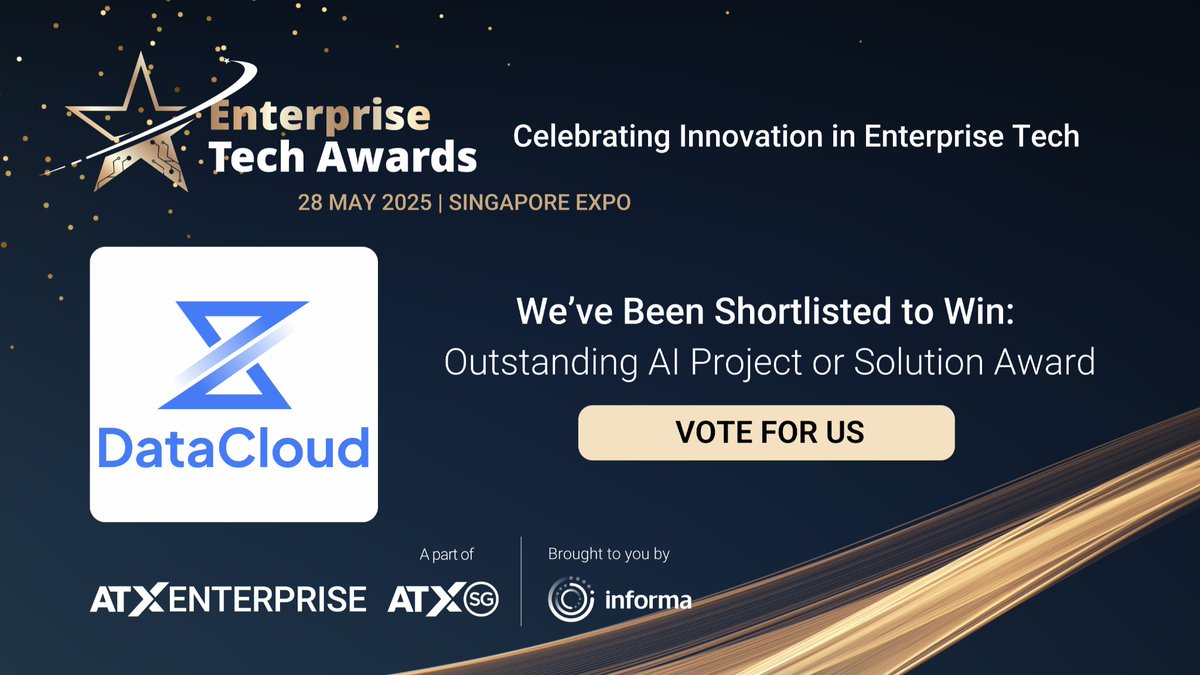 Data_Cloud_'s tweet image. Thrilled to announce that we have been shortlisted for the Outstanding AI Project or Solution Award at Singapore Flagship Tech Festival ATxSG.We need your support to bring AI-ready Data Cloud to the top!
Vote for DataCloud Technology：judgify.me/public-voting/…