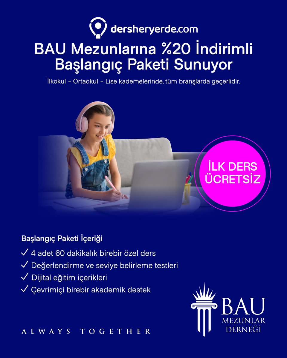 BAU Mezunlarına Özel %20 İndirimli Eğitim Fırsatı! 🎓

📚 dersheryerde.com iş birliğiyle, ilkokul, ortaokul ve lise düzeyindeki öğrenciler için hazırlanan Başlangıç Paketi, BAU mezunlarına özel %20 indirimle sunuluyor!