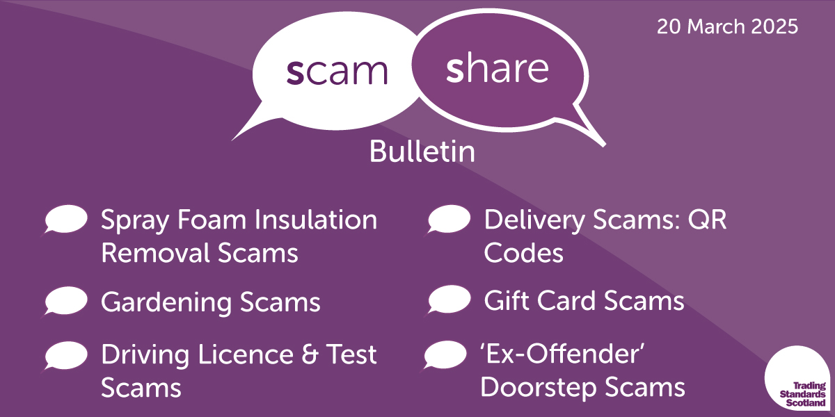 TSScot's tweet image. In this week's #ScamShare bulletin:

🗨️Spray Foam Removal Scams
🗨️Delivery Scams: QR Codes
🗨️Driving Licence &amp;amp; Test Scams
🗨️Gardening Scams
🗨️ 'Ex-Offender' Doorstep Scams
🗨️Gift Card Scams

Please read &amp;amp; share➡️mailchi.mp/8e75993132ac/t…
