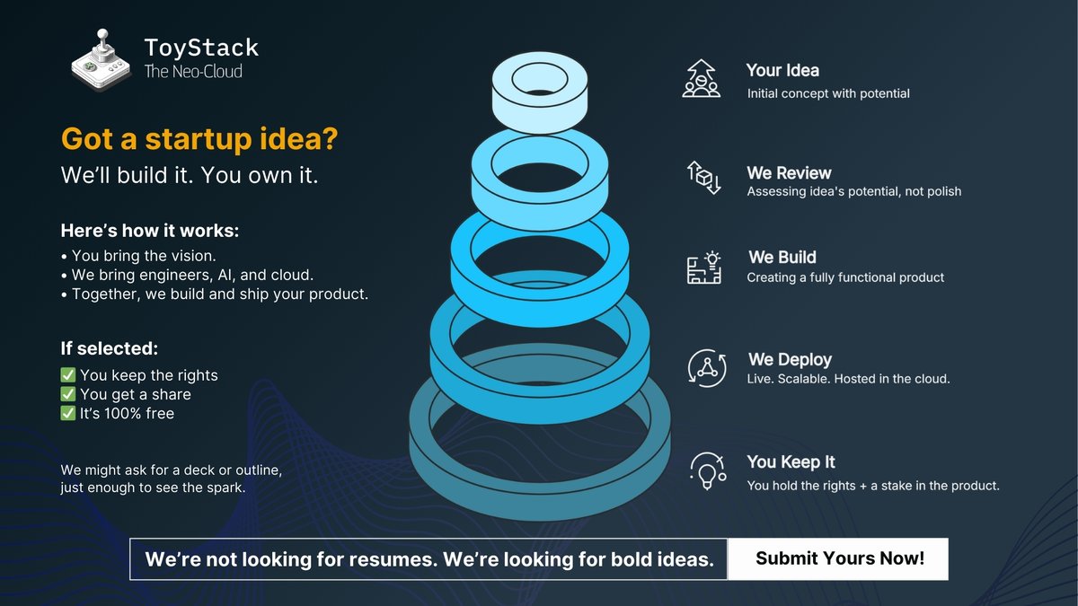 toystack_ai's tweet image. Have a startup idea?
We’ll build it for you.
From scratch. Fully functional. Deployed to the cloud.
You bring the idea.
We bring the engineers, the AI, the cloud.
No VCs. No waiting lists. Just your vision and our team of builders.
If your idea gets picked, you keep the rights…