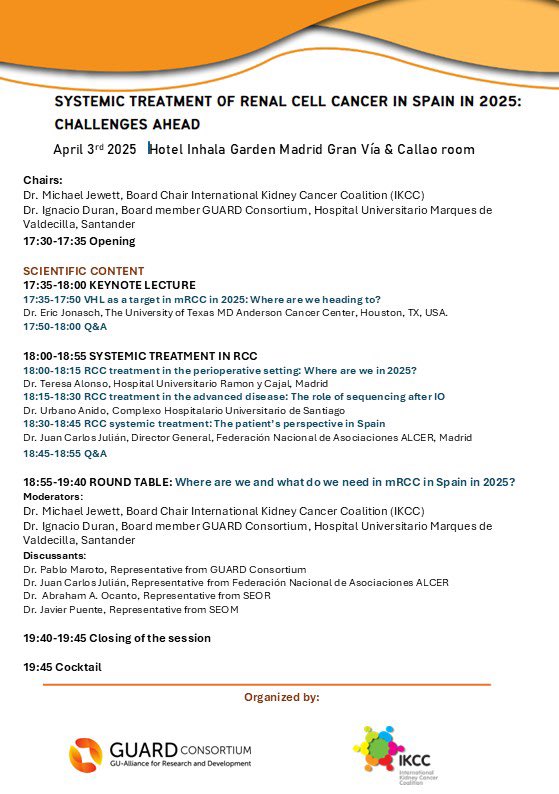 GUARD Consortium (@guardconsortium) on Twitter photo SYSTEMIC TREATMENT OF RENAL CELL CANCER IN SPAIN IN 2025: CHALLENGES AHEAD
<a href="/GuardConsortium/">GUARD Consortium</a> & IKCC
🗓 3/4/2025 - 17:30h
🏨 Madrid, Inhala Hotel Garden
Para inscribirte escribe un email a 📧info@guardconsortium.org
¡Te esperamos! SYSTEMIC TREATMENT OF RENAL CELL CANCER IN SPAIN IN 2025: CHALLENGES AHEAD
<a href="/GuardConsortium/">GUARD Consortium</a> & IKCC
🗓 3/4/2025 - 17:30h
🏨 Madrid, Inhala Hotel Garden
Para inscribirte escribe un email a 📧info@guardconsortium.org
¡Te esperamos!