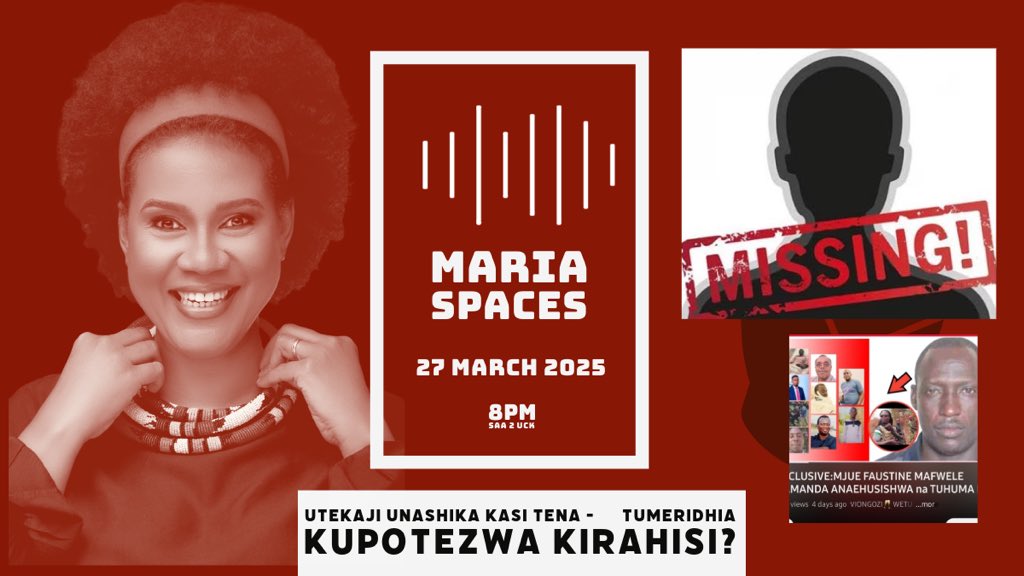 MariaSTsehai's tweet image. Leo #MariaSpaces tunajadili: Utekaji unashika kasi tena - tumeridhia kupotezwa kirahisi?
Ndani ya wiki moja tumesikia matukio ya utekaji Mwanza, Tarime na Dar es Salaam. Tokea 2021 watu zaidi ya 70 walitekwa na zaidi ya nusu hawajulikani walipo
Tumeridhia kupotezwa? Leo saa 2 uck