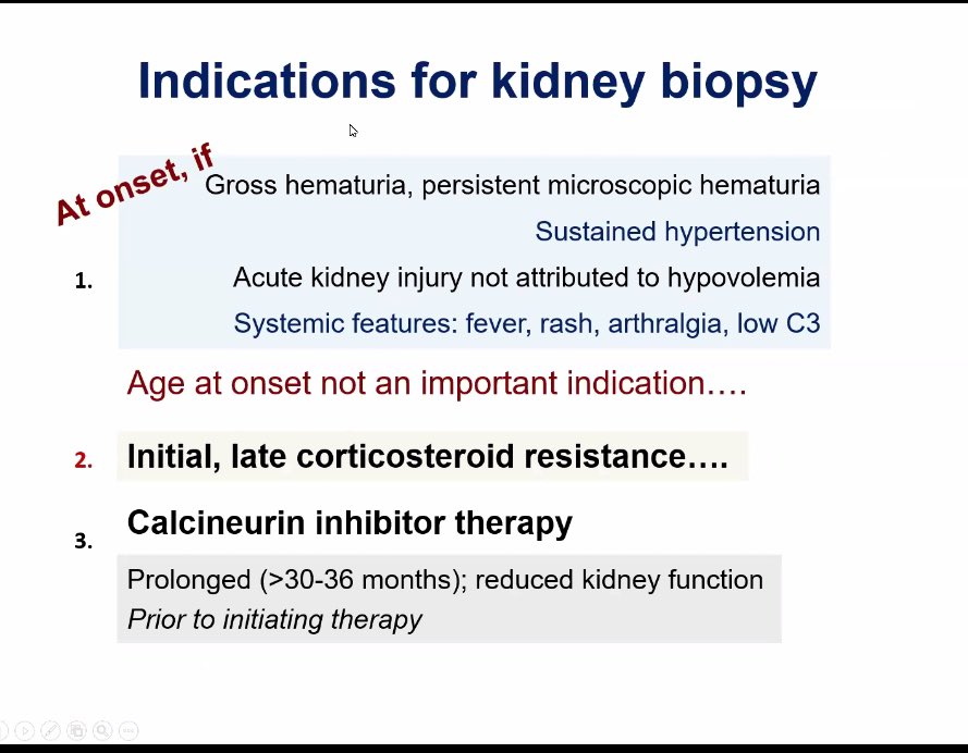 👨‍🏫Interesting session on Pediatric Nephrotic Syndrome by Dr Prof Arvind Bagga <a href="/GlomCon/">GlomCon</a> fellowship 

📍Indications for kidney biopsy in children:

1.Gross hematuria, persistent microscopic hematuria
2.Sustained hypertension
3.Acute kidney injury not attributed to hypovolemia
