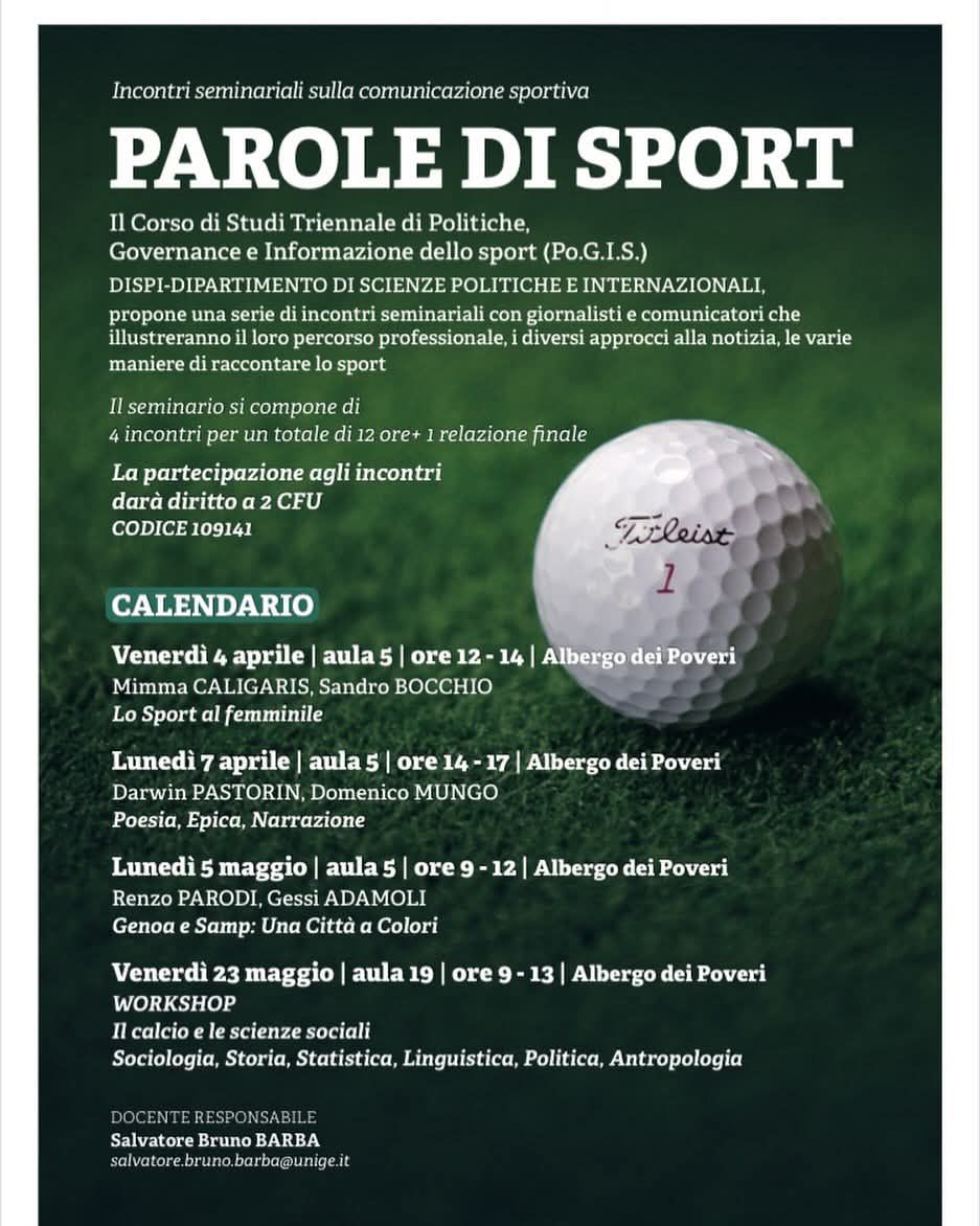 🔜Al via ‘Parole di sport’, un ciclo di incontri seminariali sulla comunicazione sportiva organizzati dal DIPARTIMENTO DI SCIENZE POLITICHE E INTERNAZIONALI(<a href="/UniGenova/">Università di Genova</a>), con AFLab, nell’ambito del CdS Triennale di Politiche, Governance e Informazione dello sport (Po.G.I.S.)
