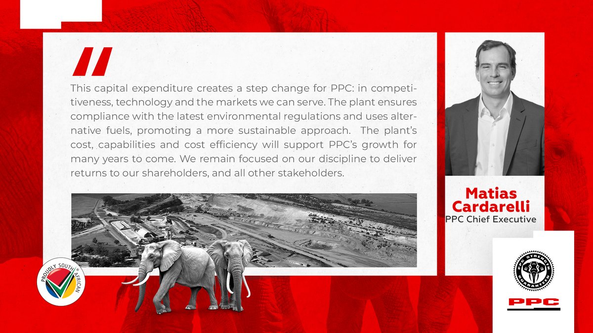 The board of directors of PPC has approved capital expenditure of R3 billion for the build of the new state-of-the-art plant. The plant, with a capacity of 1,5 million tons of cement per annum, will replace and increase existing capacity and will be constructed at an existing