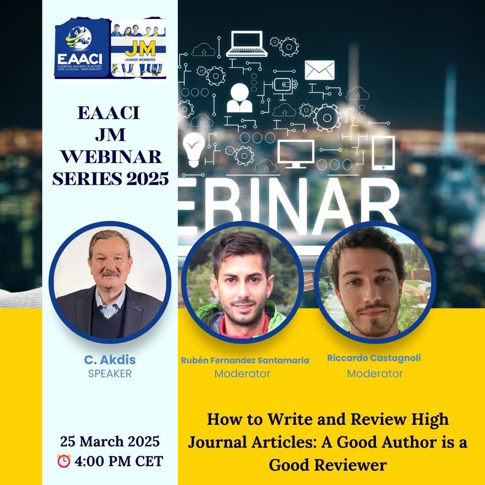 Over 600 registered and 160 joined live!
Our first webinar of the 2025 JM Series was a success:
"How to Write and Review High Journal Articles" with C. Akdis 💡
Huge thanks for the questions, energy &amp; amazing participation!
See you at the next one! 🙌
@EAACI #JMWebinars #Science