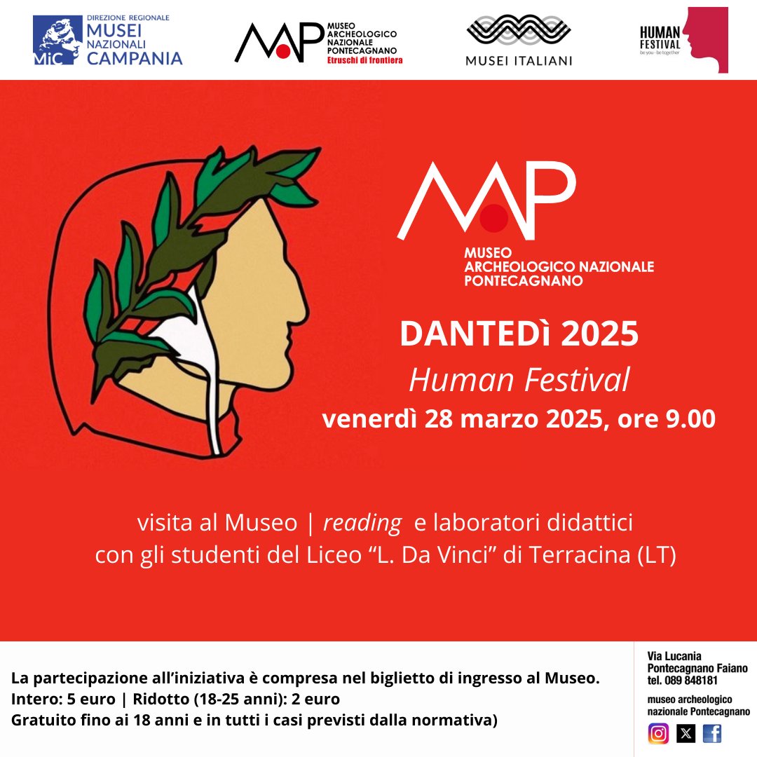 "Dantedì 2025. Visita al museo e reading", Museo Archeologico Nazionale di Pontecagnano - Venerdì 28 marzo 2025, ore 9.00. museicampania.cultura.gov.it/dantedi-2025-v… 

<a href="/museitaliani/">museitaliani</a> <a href="/MiC_Italia/">Ministero della Cultura</a> <a href="/Campaniartecard/">Campania Artecard</a> @inCampania