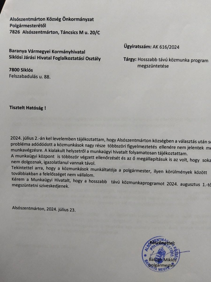 ‼️Talán az ország legaljasabb bukott fideszes polgármester az alsószentmártoni Balogh Miklós. Ő tavaly júniusban elvesztette a választást, de mivel októberig még hivatalban maradt, BOSSZÚBÓL HIVATALOSAN KÉRTE A KORMÁNYHIVATALTÓL A KÖZMUNKA PROGRAM MEGSZÜNTETÉSÉT, ezzel több tucat