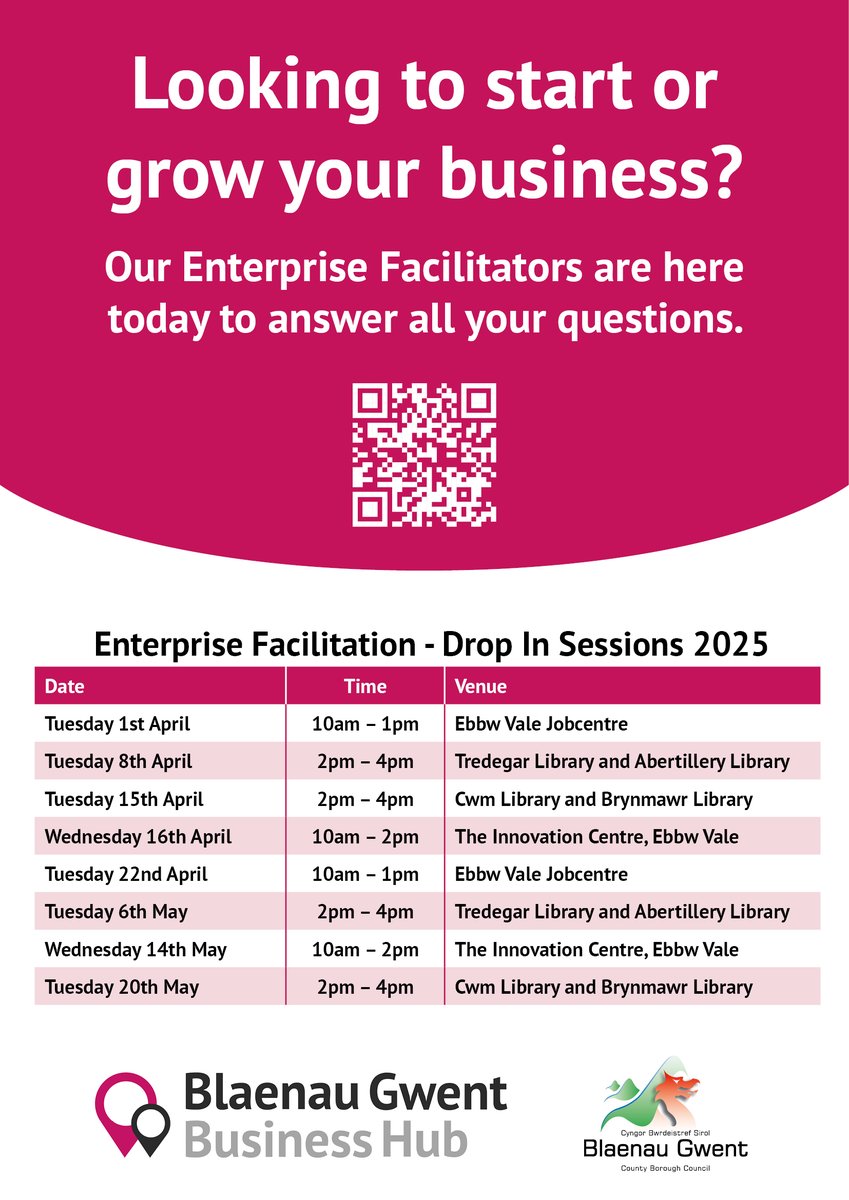 BlaenauGwentCBC's tweet image. Looking to start or grow your business?
Enterprise Facilitation - Drop In Sessions 2025
#Enterprise #Facilitation #Business #BlaenauGwentBusinessHub