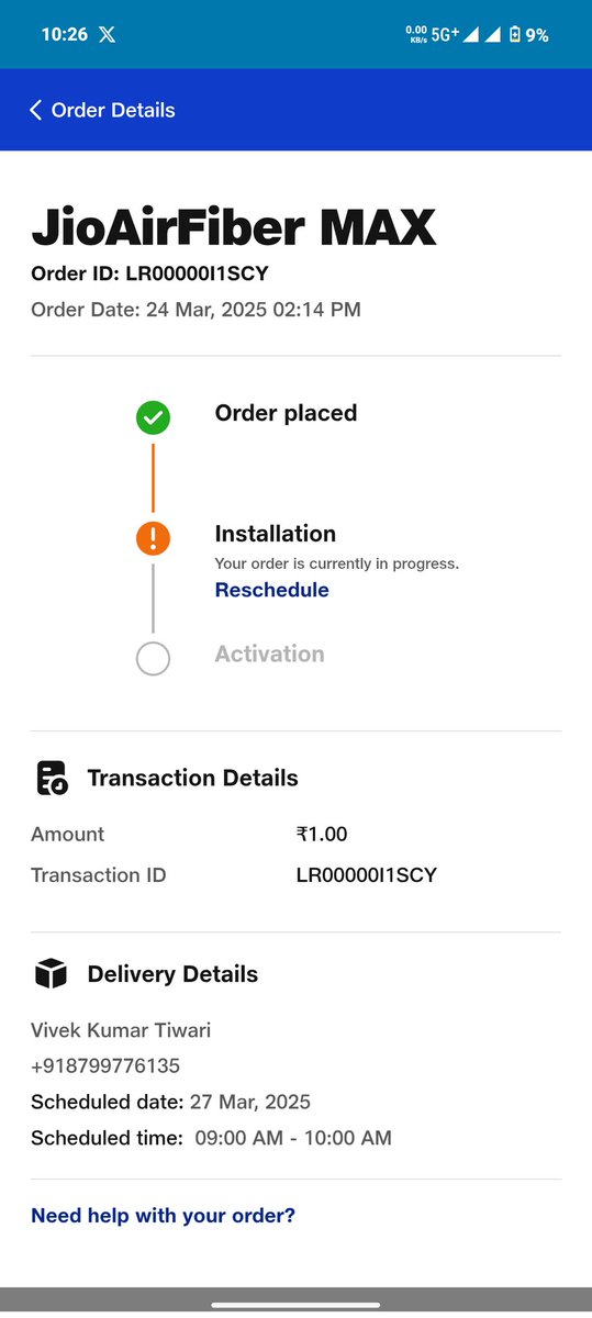 vivek1555's tweet photo. @reliancejio @JIOAIRFIBERIN 
I requested Jio AirFiber installation and received a message confirming it for today at 9 AM. However, I haven’t received any call or message regarding updates. Please help resolve the issue as soon as possible. https://t.co/Rg34z9tEPE