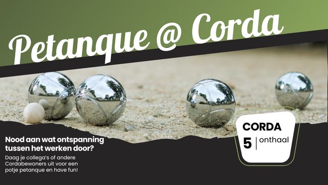 Zin in een beetje competitie? 💪🏼 Leen een petanqueset aan het onthaal van Corda 5 en test je skills in een potje tegen je collega’s of andere Cordabewoners. Wie werpt de perfecte boule?