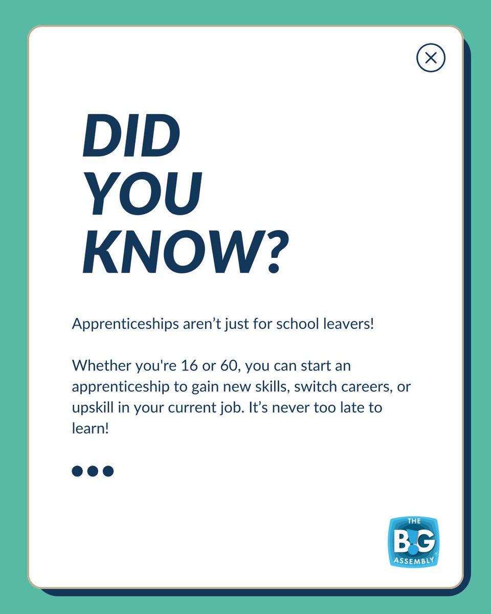 Did you know? 🤔

#Apprenticeships aren’t just for school leavers! Whether you’re looking to gain new skills or upskill in your current role, there’s an apprenticeship for you.

Earn while you learn and take the next step in your career—at any age!

#TheBigAssembly