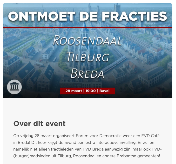 Op vrijdag 28 maart organiseert FVD Breda weer een FVD Café! Dit keer krijgt de avond een extra interactieve invulling: er zijn niet alleen fractieleden van FVD Breda aanwezig zijn, maar ook FVD-(burger)raadsleden uit andere Brabantse gemeenten!

Link: fvd.nl/events/meet-gr…