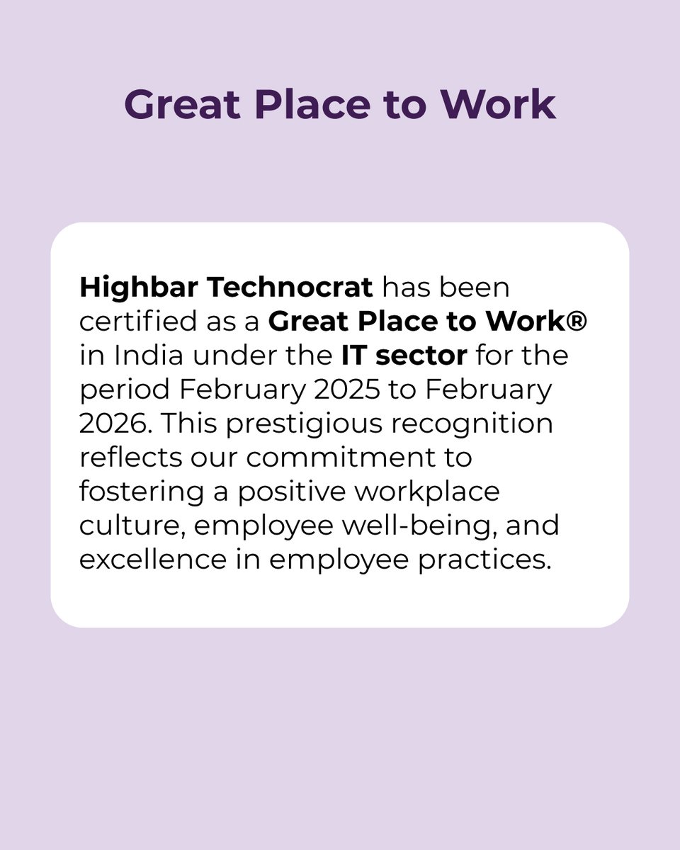 HighbarL's tweet photo. Proud moment for Highbar Technocrat! Certified as a Great Place to Work® in India (Feb 2025–Feb 2026) in the IT sector. Our team’s dedication to a thriving workplace culture and employee well-being shines bright.

#GreatPlaceToWork #HighbarTechnocrat #EmployeeEngagement https://t.co/LBaeTDAIBK