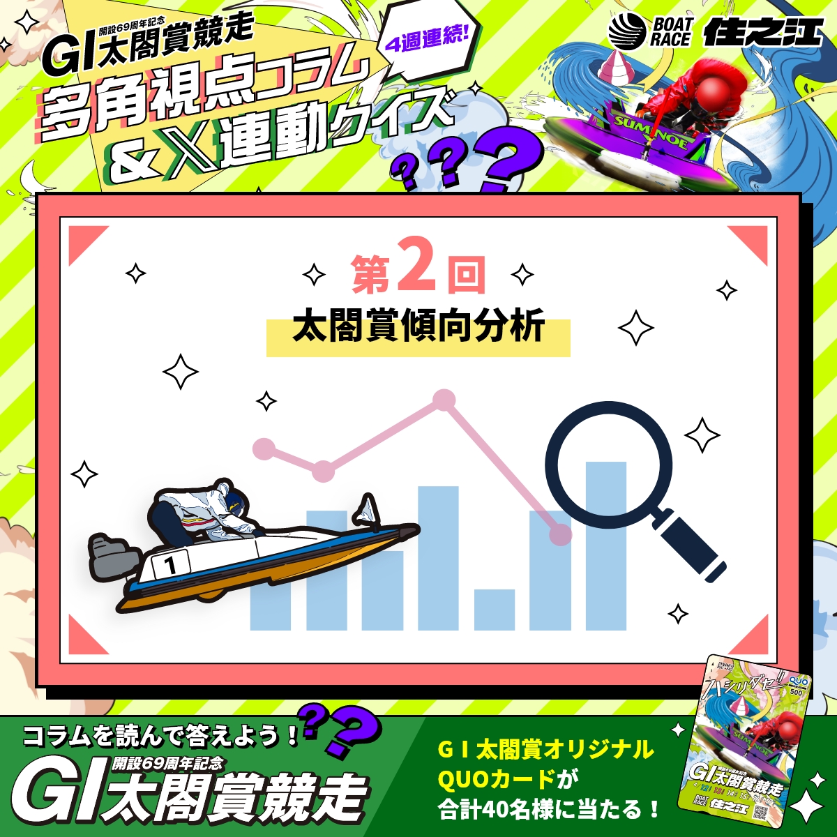 to_ru_so's tweet photo. クオカードが合計40名様に当たる！
＃太閤賞多角視点コラムクイズ

コラムを読んでクイズに答えよう👀
特設サイト［https://t.co/ktFSgCwedU］

私の回答は…… ＃平尾崇典

＃キャンペーン
＃ボートレース住之江
＃太閤賞

https://t.co/zCTJJ4KwOF