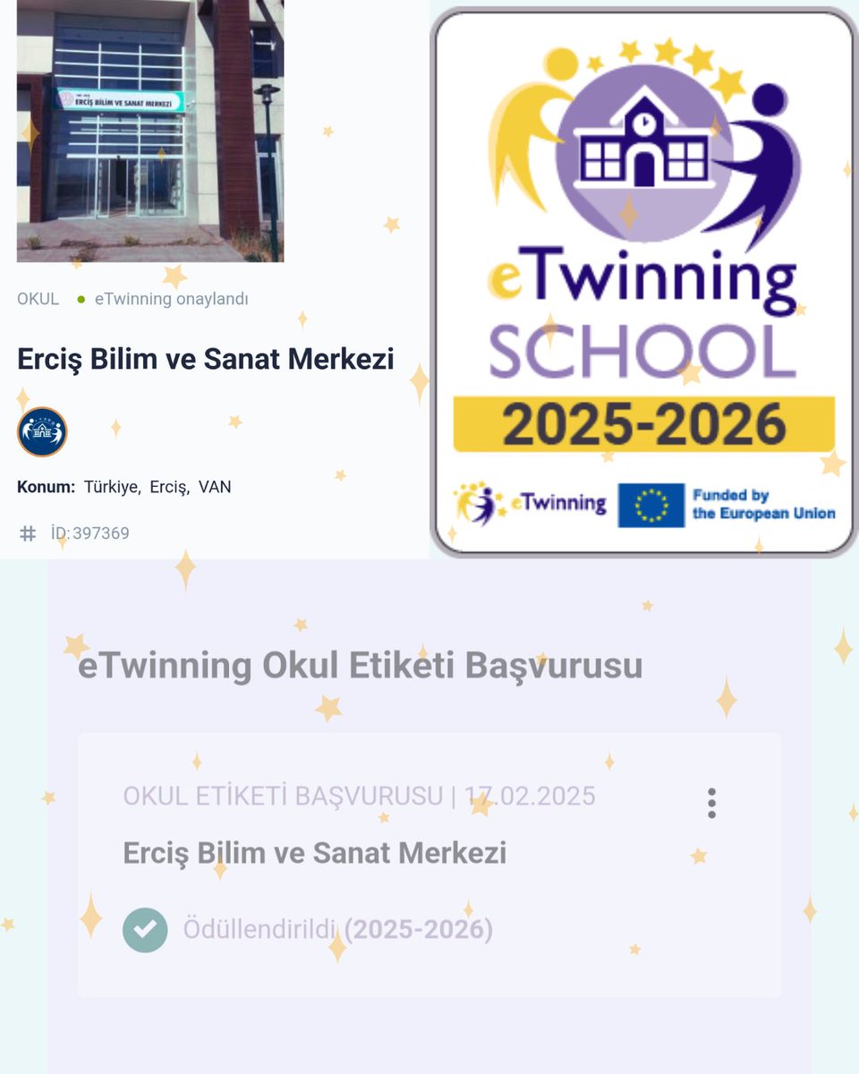 Kurumumuz "eTwinning Okul Etiketi" ödülünü almaya hak kazanmıştır. Emeği geçen öğretmenlerimizi, idarecilerimizi ve eTwinning çalışmalarına katılan öğrencilerimizi tebrik ederiz🎉🎉🎉
<a href="/MebOrgm/">Özel Eğitim ve Rehberlik Hiz. Genel Müdürlüğü</a> <a href="/mebyegitek/">Yenilik ve Eğitim Teknolojileri Genel Müdürlüğü</a> <a href="/tretwinning/">eTwinning Türkiye</a> <a href="/karaloglu_murat/">Murat KARALOĞLU</a> <a href="/VanilMem/">Van İl Milli Eğitim Müdürlüğü</a>