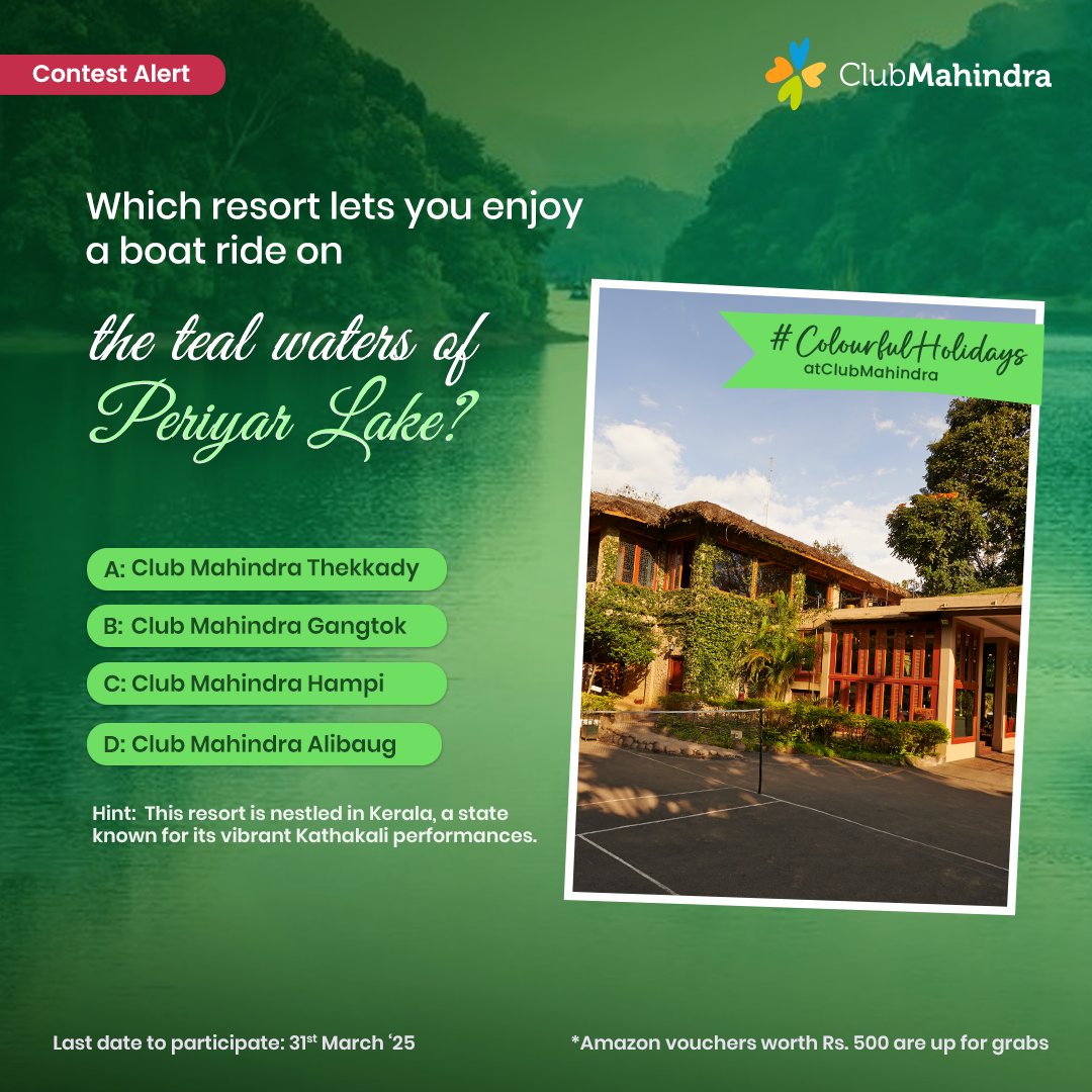 clubmahindra's tweet photo. #ContestAlert 10 of 14 

Participate in all #ColourfulHolidaysatClubMahindra 

STEPS

1) Commenting using #ColourfulHolidaysatClubMahindra &amp; tagging 4 friends &amp; @clubmahindra is mandatory. 

2) Participate in all 14 contest posts. Winners get Amazon vouchers worth INR 500 each https://t.co/DjAmHBDCn8