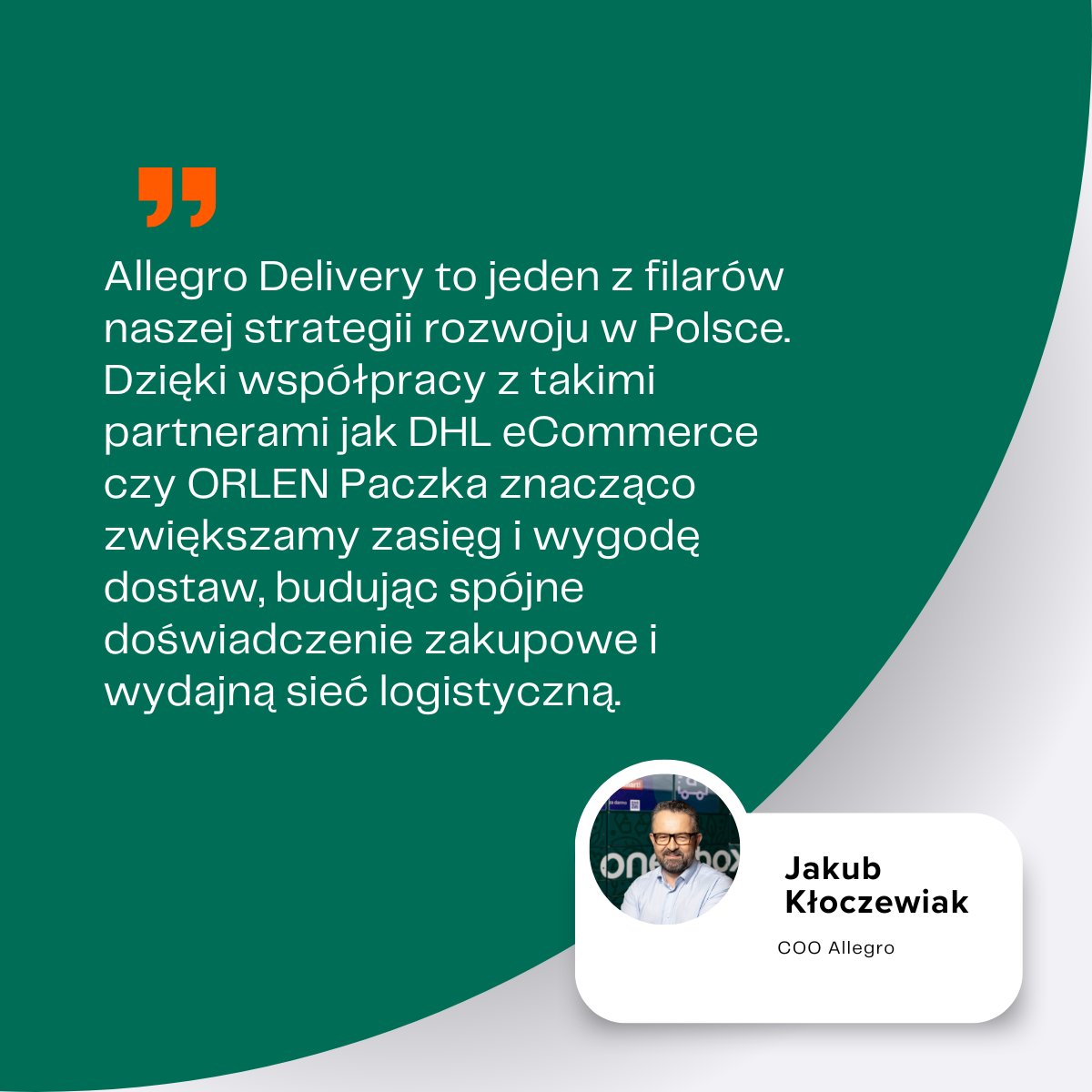 Od dziś klienci mogą korzystać z usług Allegro Delivery z dostawą do punktów odbioru oraz dostaw kurierskich  DHL eCommerce. 
Allegro Delivery - już oferujące dostawy do ORLEN Paczka i Allegro One - rozszerza sieć punktów odbioru do ponad 26 000. bit.ly/3FDAPkg